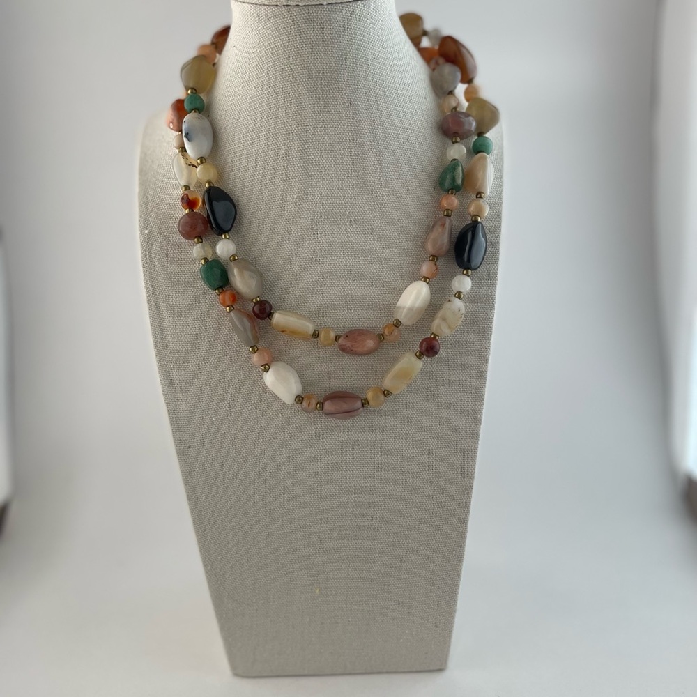 Agate Chalcedony Tumbled Polished Natural Stone Beaded Necklace Brass Spacers